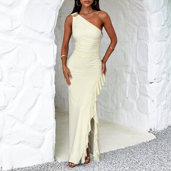 Women's elegant asymmetrical maxi dress with ruffles and fitted silhouette Lune London