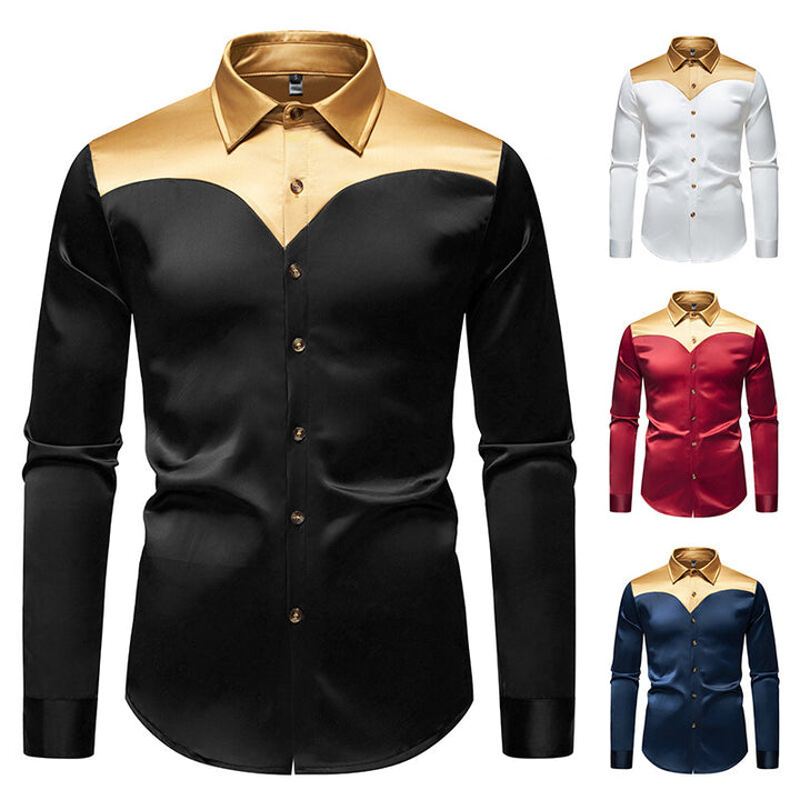 Men's Elegant Shiny Long Sleeve Shirt with Contrasting Collar Lisslune