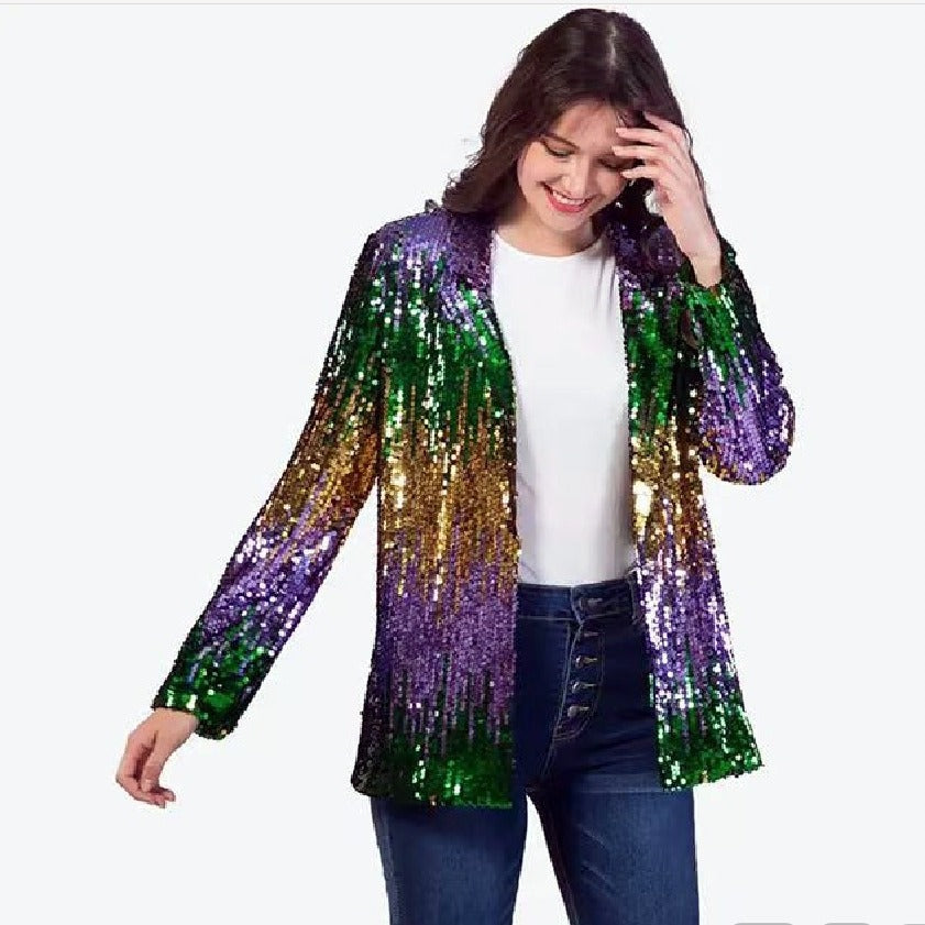 Women's Glittering Sequin Jacket with Open Cut and Long Sleeve Lisslune