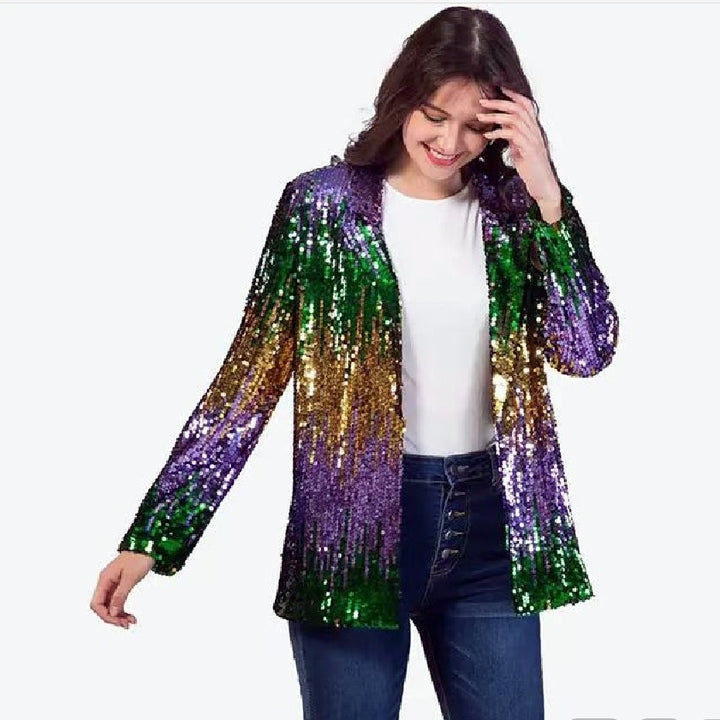Women's Glittering Sequin Jacket with Open Cut and Long Sleeve Lisslune
