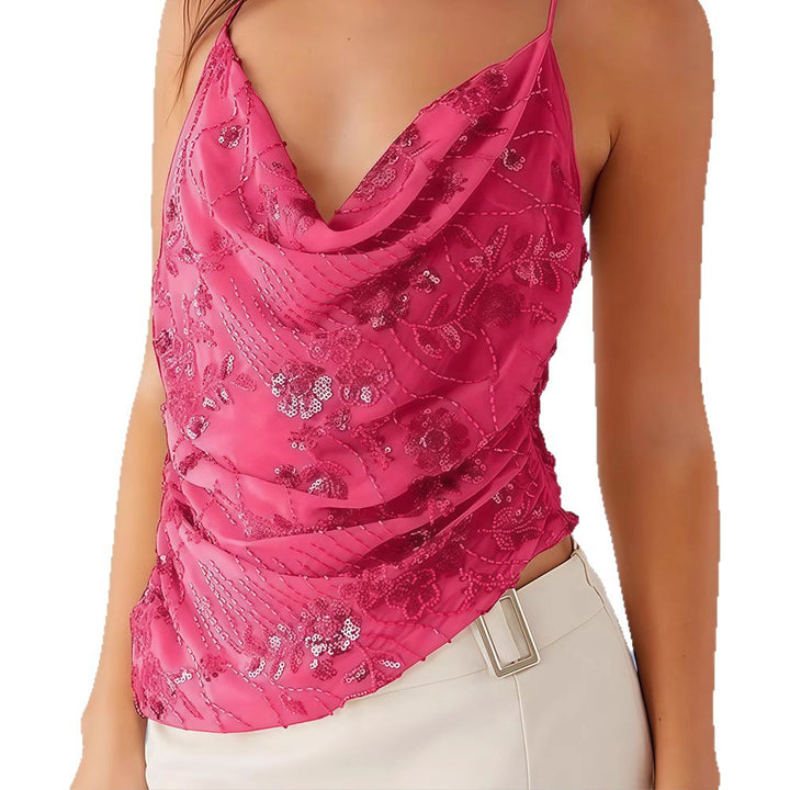 Women's Glamorous Top with Deep Waterfall Neckline and Sparkling Sequins