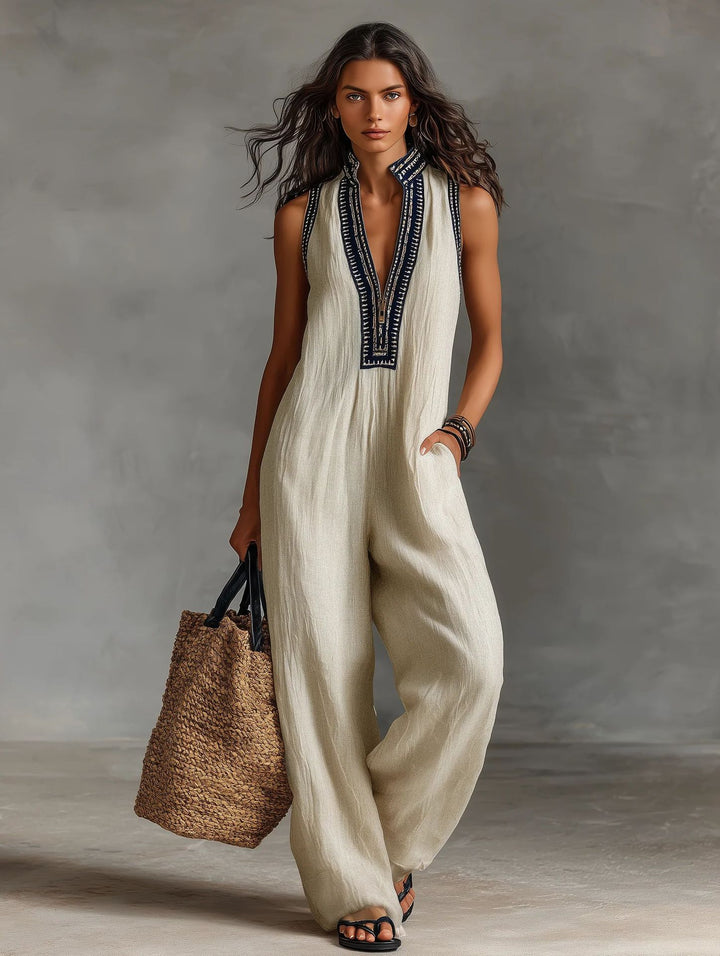Women's airy jumpsuit with elegant V-neckline and embroidered collar Lisslune