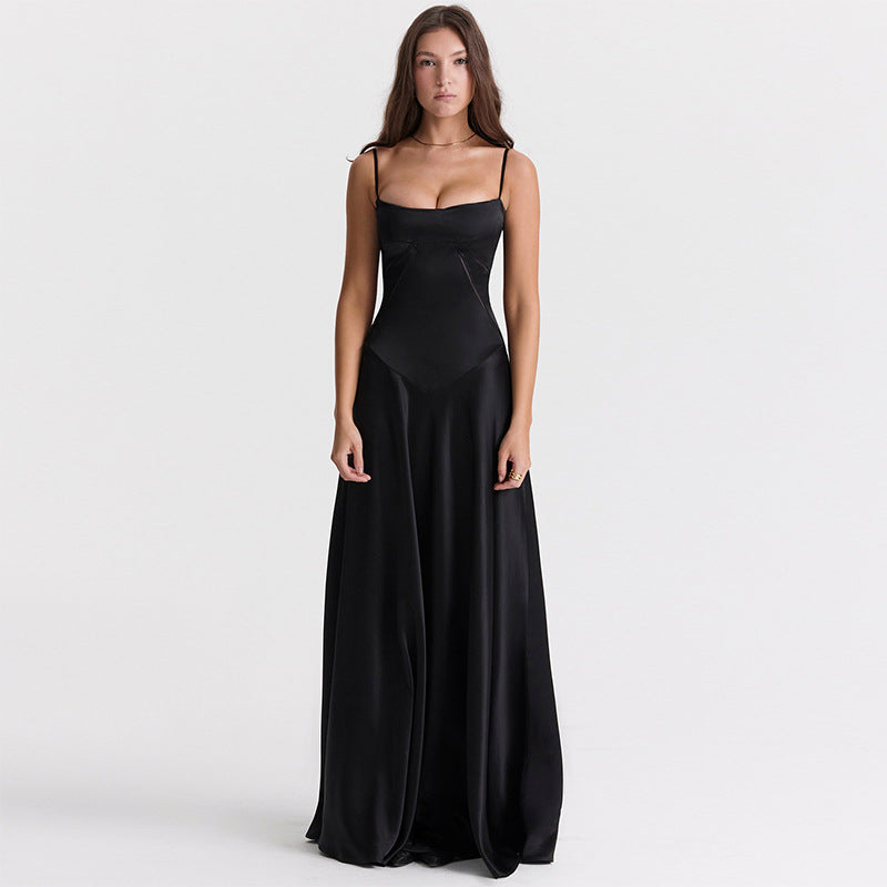 Women's Elegant Maxi Dress with Slim Spaghetti Straps and Flowing Satin Fall Lisslune