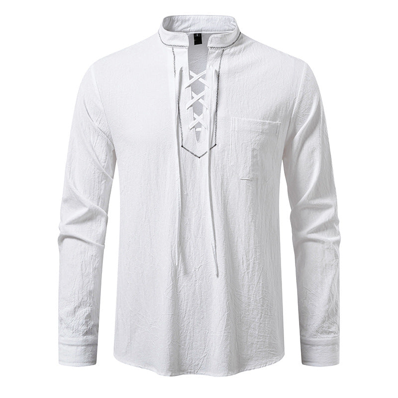 Men's long sleeve shirt with high-quality stand-up collar and decorative lacing Lisslune