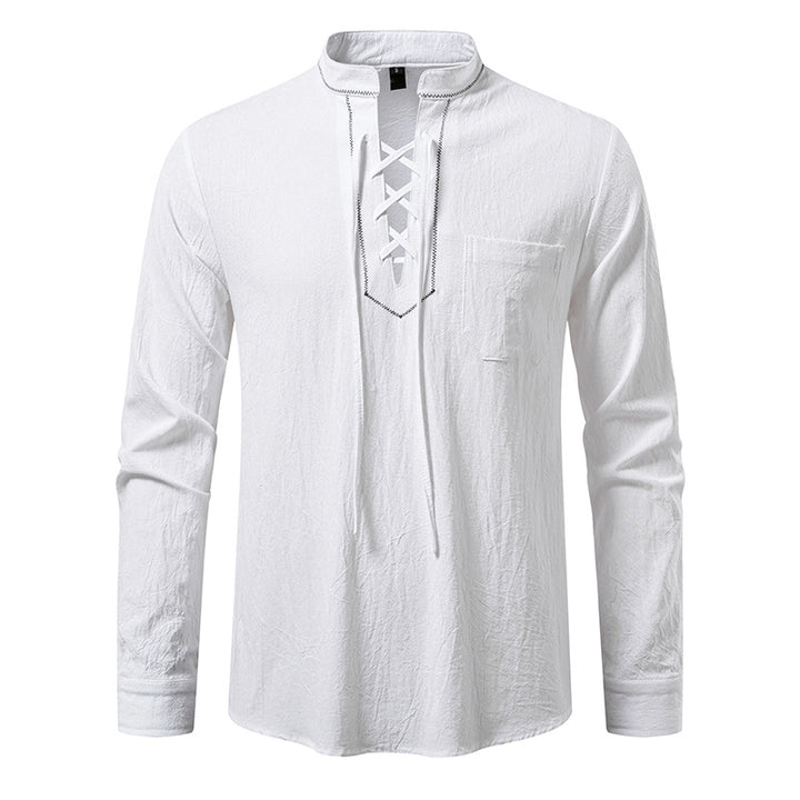 Men's long sleeve shirt with high-quality stand-up collar and decorative lacing Lisslune