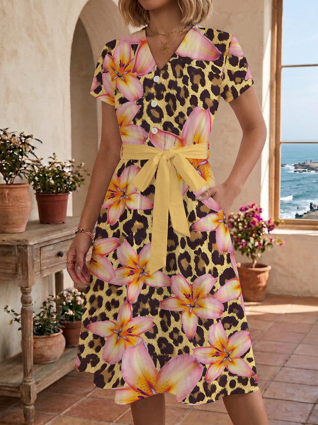 Women's Blooming Midi Dress with Adjustable Belt and Artistic Print Lisslune