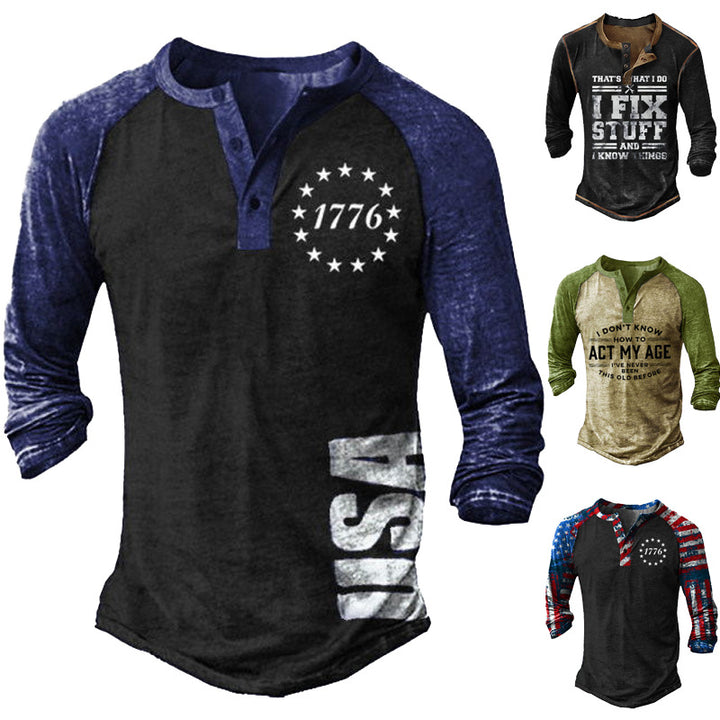 Men's Long Sleeve Henley T-Shirt with Creative Print and Stylish Button Closure Lisslune