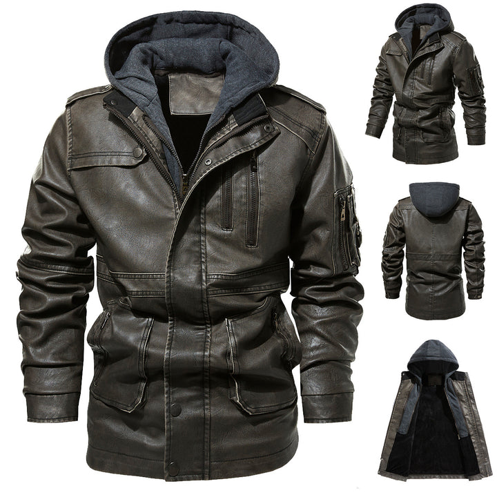 Men's Synthetic Leather Jacket with Hidden Hood Lisslune