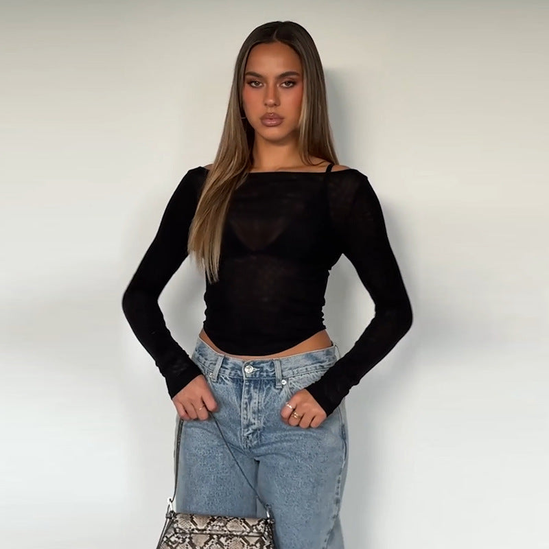 Women's long sleeve top with transparent mesh design and off-shoulder look