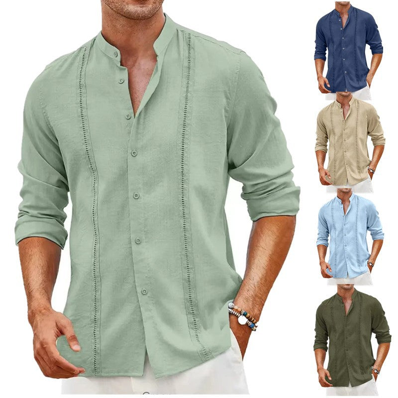 Men's Long Sleeve Linen Shirt with Stand Collar and Fine Embroidery Details Lisslune
