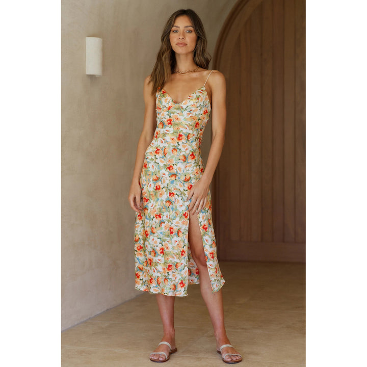 Women's sheath dress with adjustable spaghetti straps and side slit Lune London
