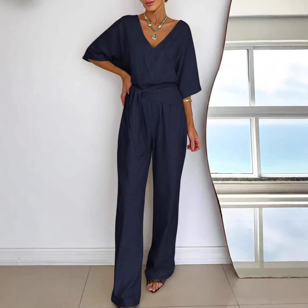 Women Elegant Jumpsuit with Tailored Cut and Wrap Belt Lisslune