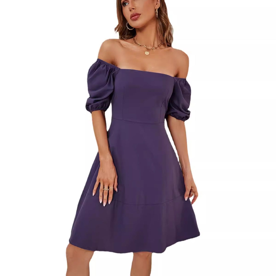 Ladies Elegant Off-Shoulder Dress with Voluminous Puff Sleeves and Asymmetrical Cut