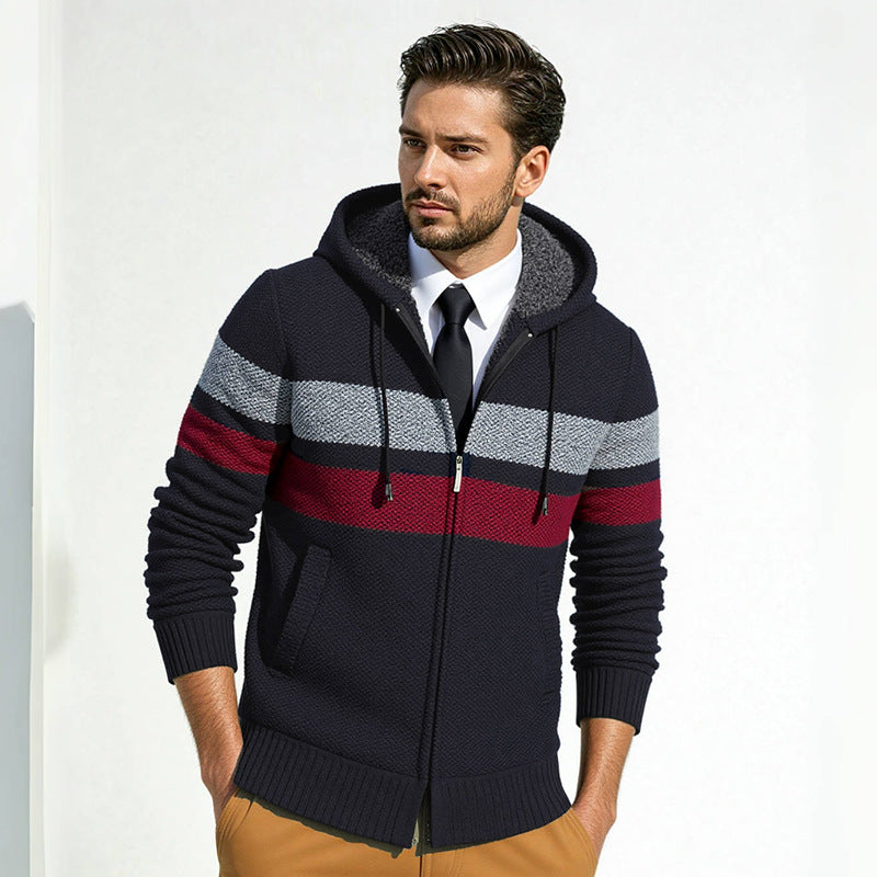 Men's fashionable knit hoodie with contrasting decorative stripes and practical pockets Lisslune