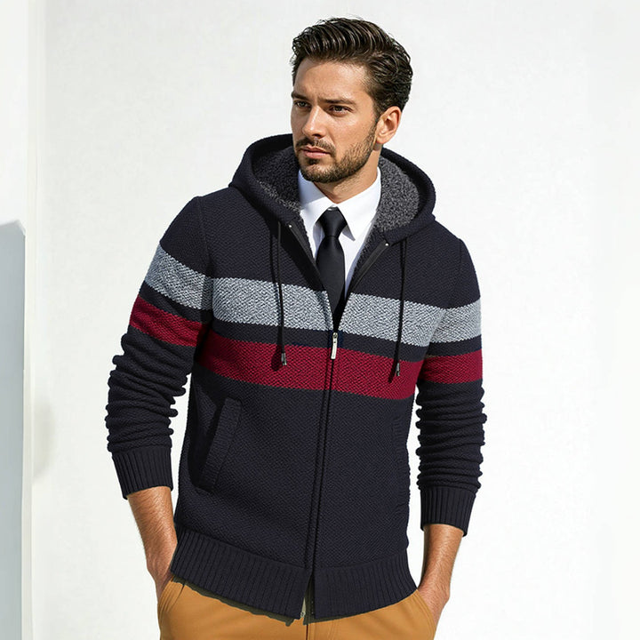 Men's fashionable knit hoodie with contrasting decorative stripes and practical pockets Lisslune