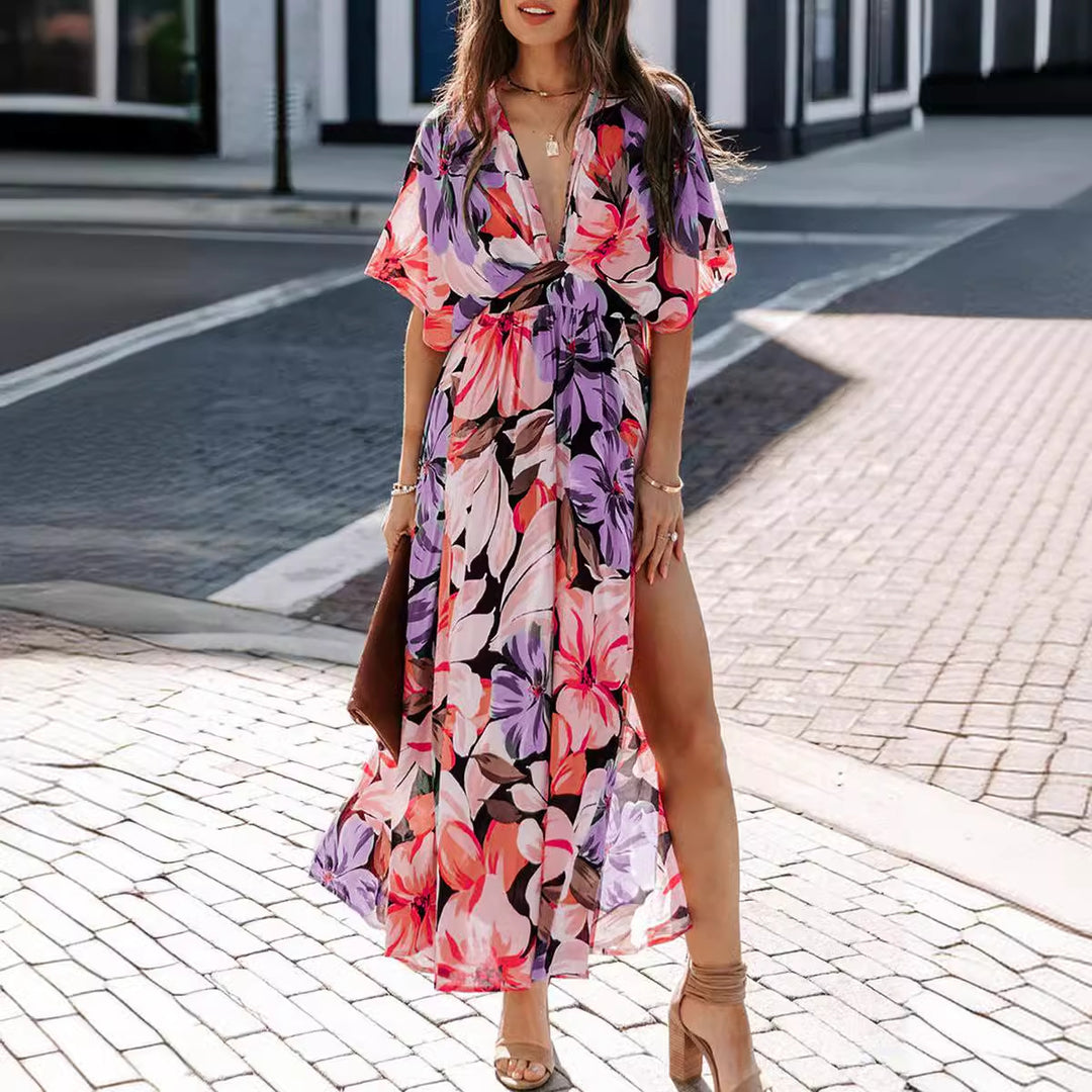 Women's maxi dress with floral wrap design and deep V-neck