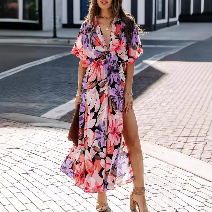 Women's maxi dress with floral wrap design and deep V-neck