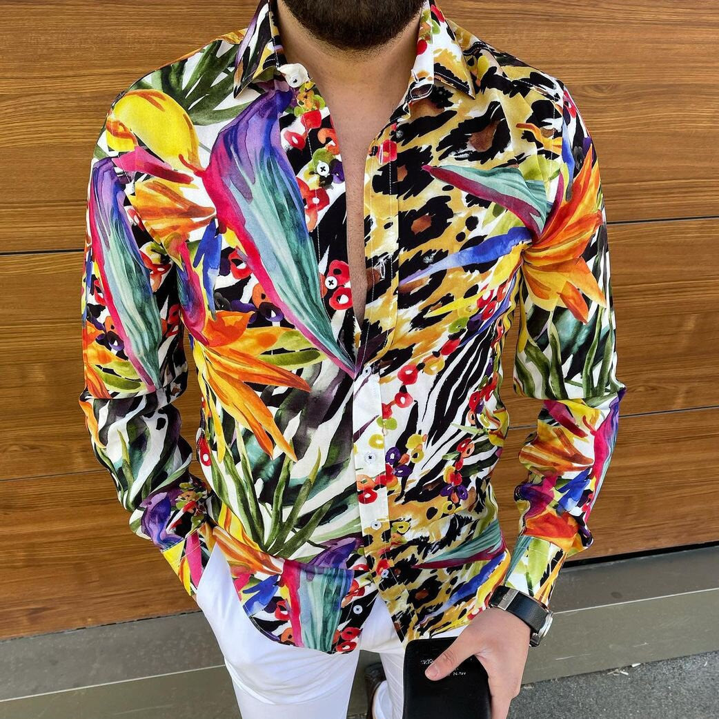 Men's Long Sleeve Shirt with Lively Garden Pattern and Elegant Fit Lisslune