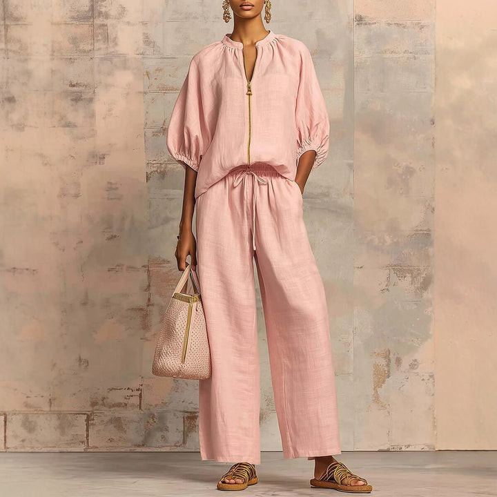 Ladies Airy Two-Piece with Modern Collar and Zipper Lisslune