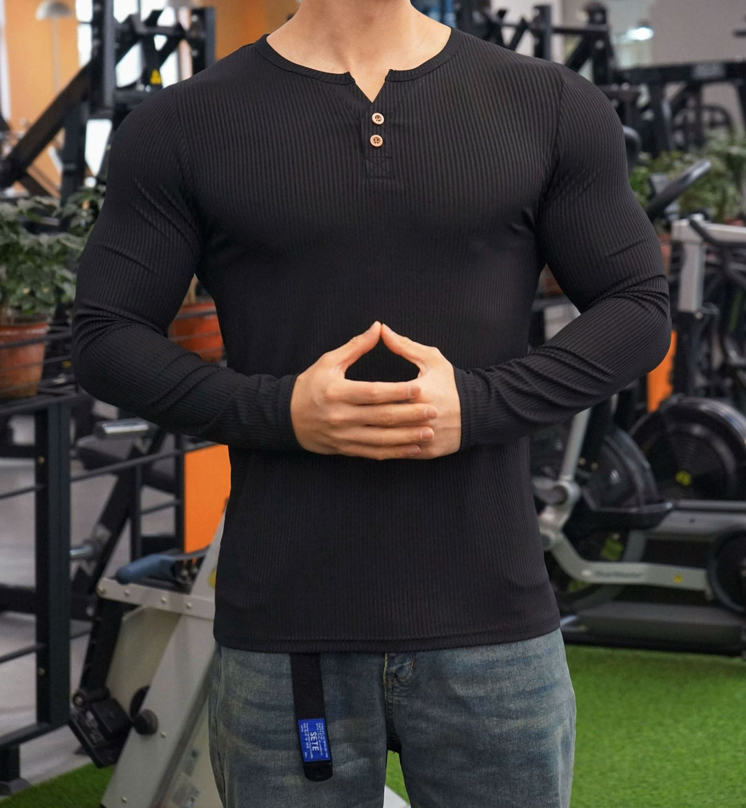 Men's Long Sleeve Henley Shirt with Textured Rib Design Lisslune