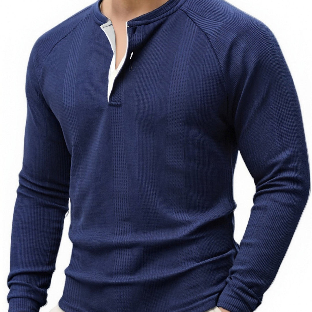 Men's Long Sleeve Henley Shirt with Textured Surface Lisslune