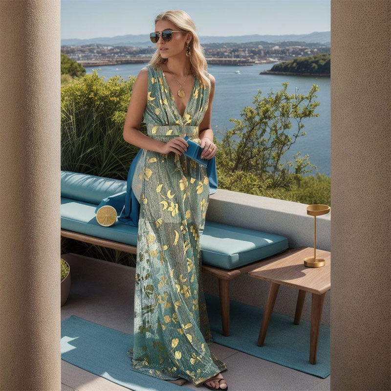 Women's Elegant Maxi Dress with Delicate Gold Pattern and V-neck