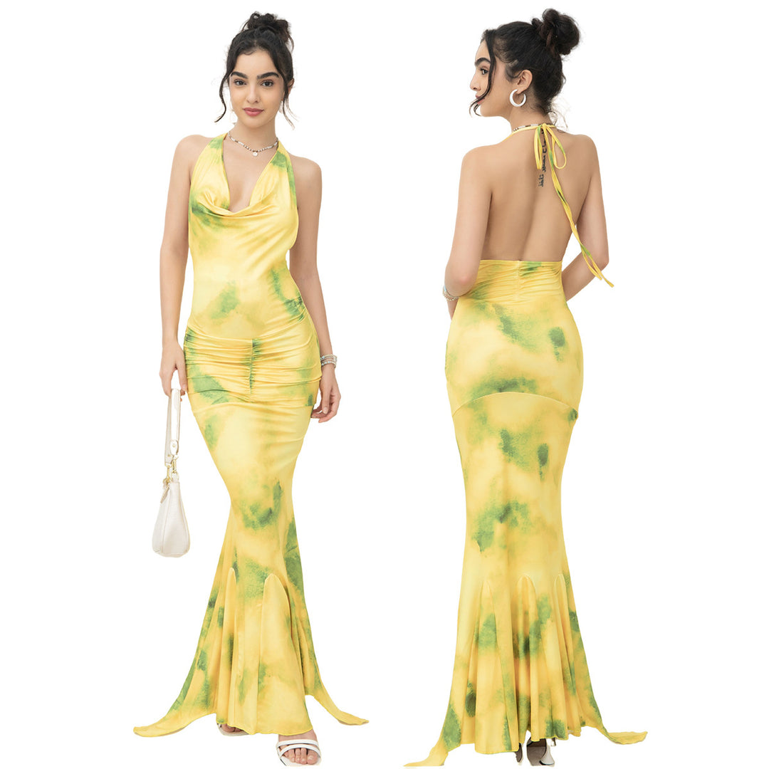 Ladies maxi dress with airy cowl neck and elegant ruffle details