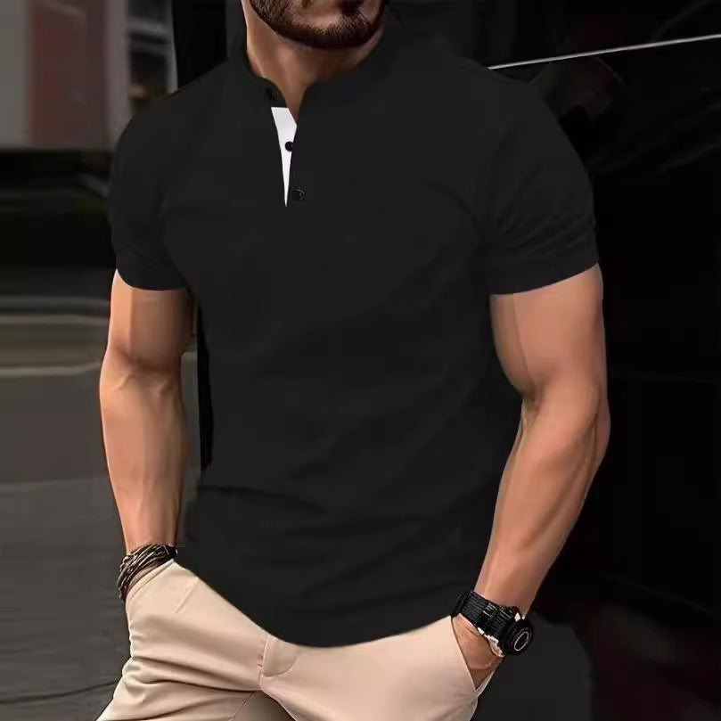 Men's stylish short-sleeve shirt with modern stand-up collar and decorative buttons Lisslune