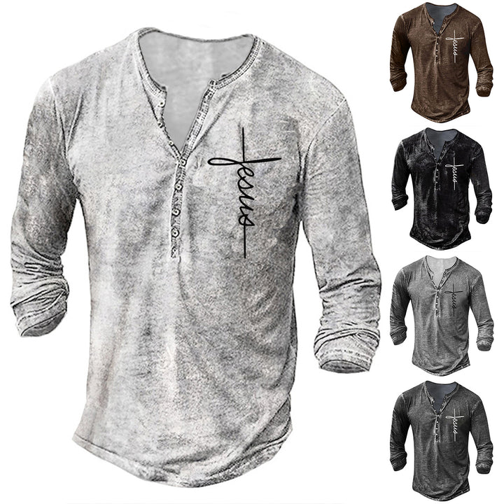 Men's Long Sleeve Henley Shirt with Creative Graphic Print Lisslune
