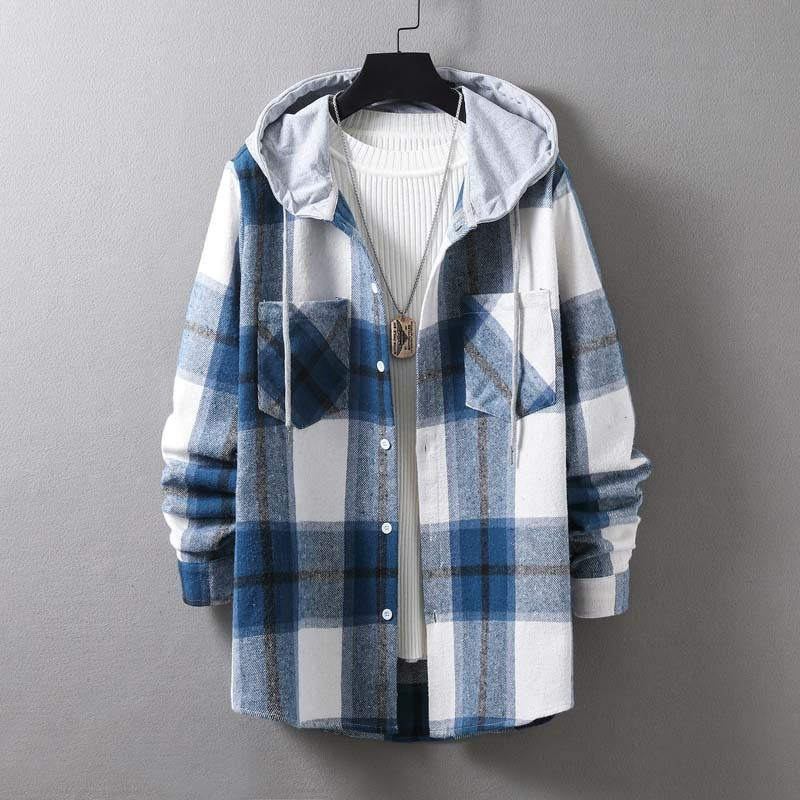 Men's casual check jacket with hood and functional pockets Lisslune