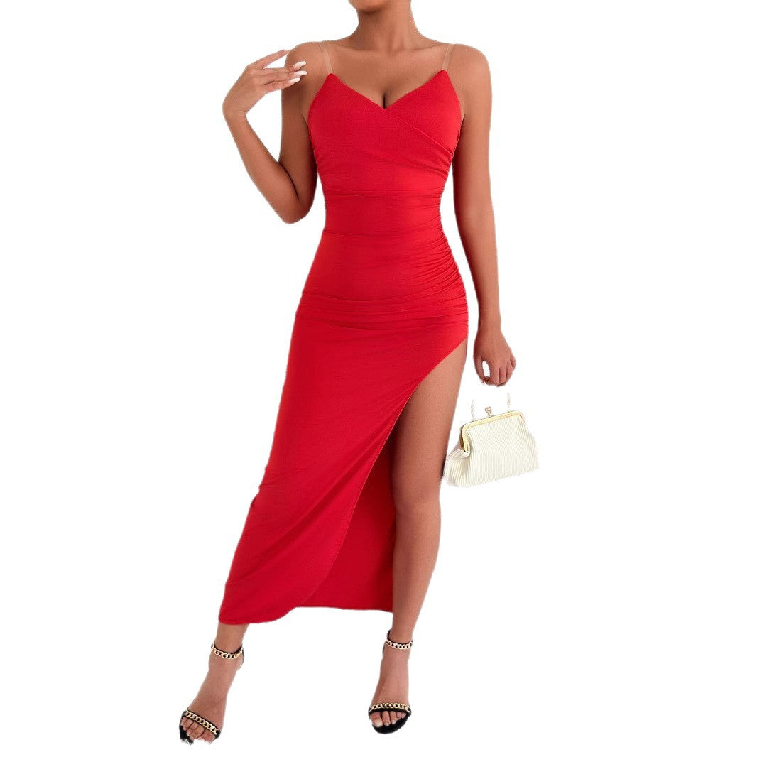 Damen Elegantes Maxikleid mit seitlichem Schlitz und feinen Trägern Lisslune