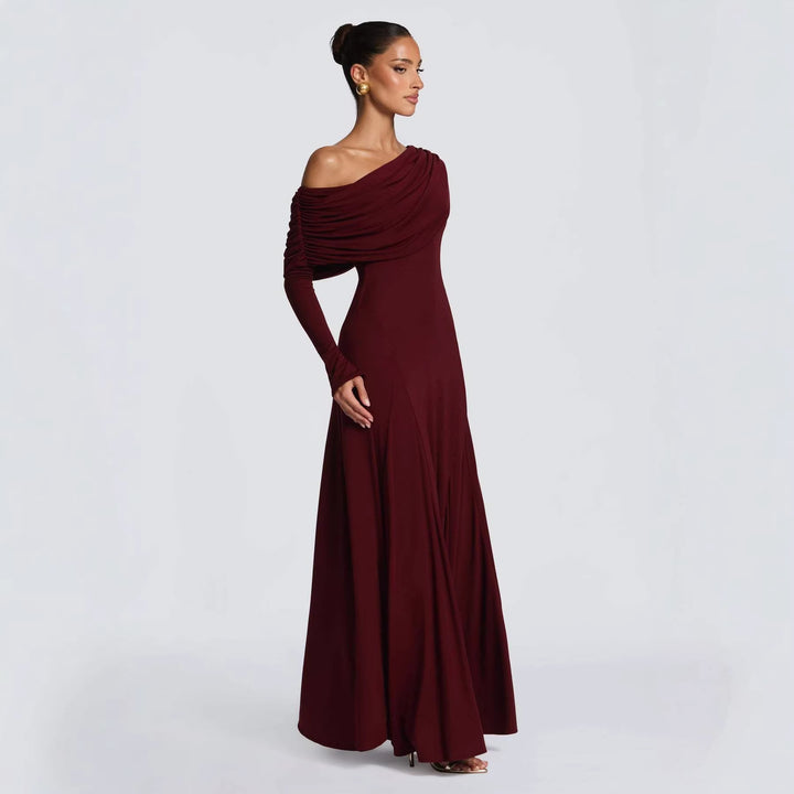 Women Elegant Long Sleeve Maxi Dress with Asymmetrical Draping Detail Lisslune