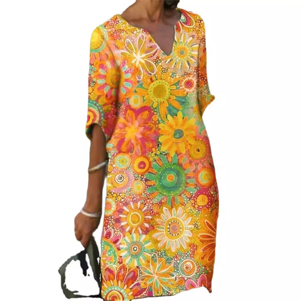 Women's casual leisure dress with floral patterns and V-neck