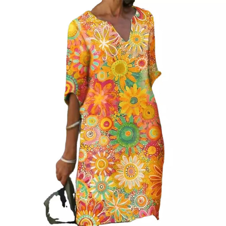 Women's casual leisure dress with floral patterns and V-neck
