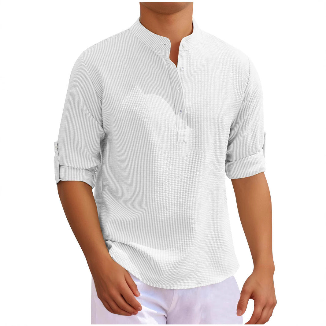 Men's casual long sleeve shirt with button placket and rollable sleeves Lisslune