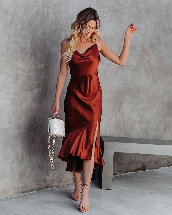 Women's satin midi dress with elegant waterfall neckline and swinging hem
