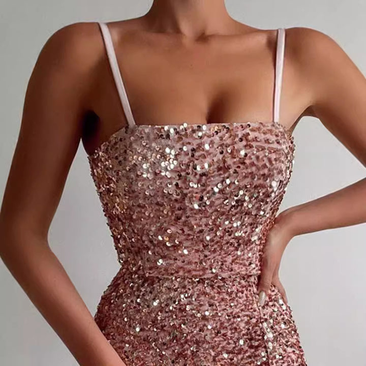 Women's Glamorous Sequin Dress with Slits and Spaghetti Straps Lisslune