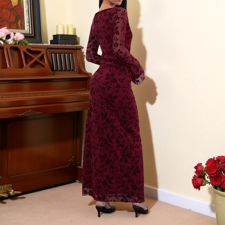 Ladies elegant maxi dress with floral appliqués and transparent sleeves Lune London