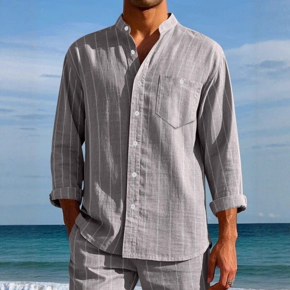 Men's long sleeve shirt with modern stand-up collar and fine stripe pattern Lisslune