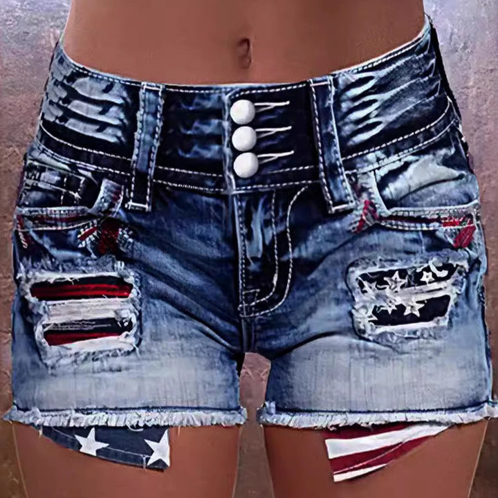 Women's cargo shorts with stylish tear details and patriotic applications Lisslune