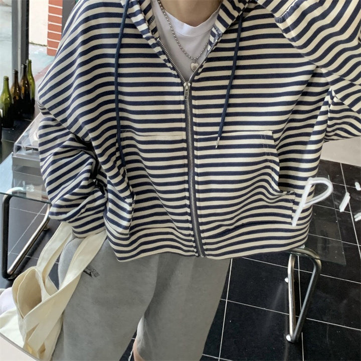 Women's striped zip hoodie with a casual cut and deep collar