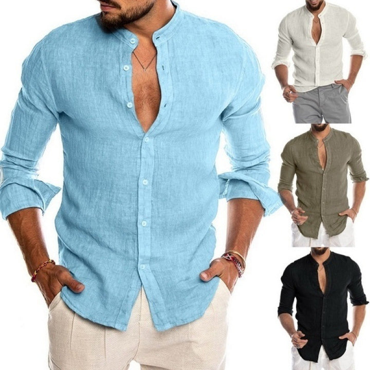 Men's Long-Sleeved Linen Shirt with Button Placket and Stand Collar Lisslune