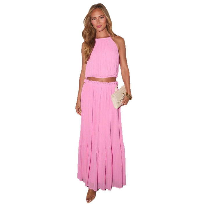 Women's Pleated Two-Piece Set with Crop Top and Elegant Maxi Skirt Lisslune
