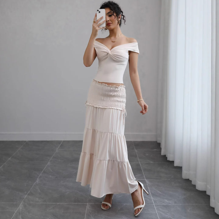 Ladies Off-Shoulder Maxi Dress with Ruffled Skirt and Romantic Design