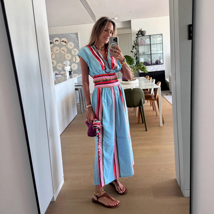 Ladies Beach Maxi Dress with Elastic Waistband and Colorful Striped Pattern Lune London