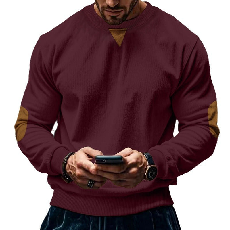 Men's comfortable round neck sweater with elbow patches Lisslune