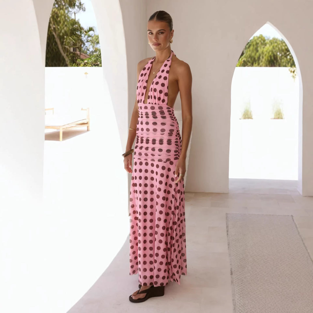 Ladies Elegant Maxi Dress with Deep V-Neck and Fashionable Polka Dot Design