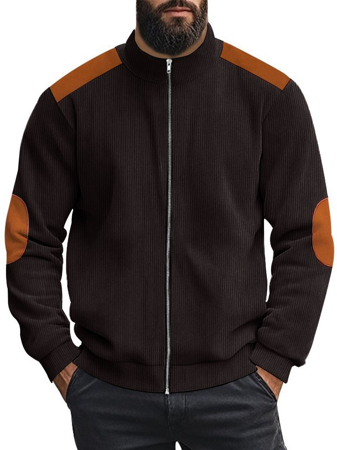 Men's cardigan with modern leather accents and high closed collar Lisslune