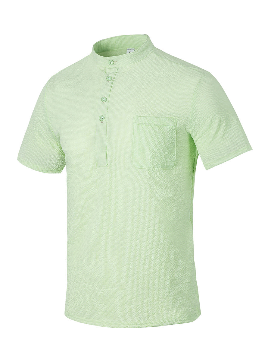 Men's Short Sleeve Shirt with Modern Stand Collar and Subtle Texture Lisslune