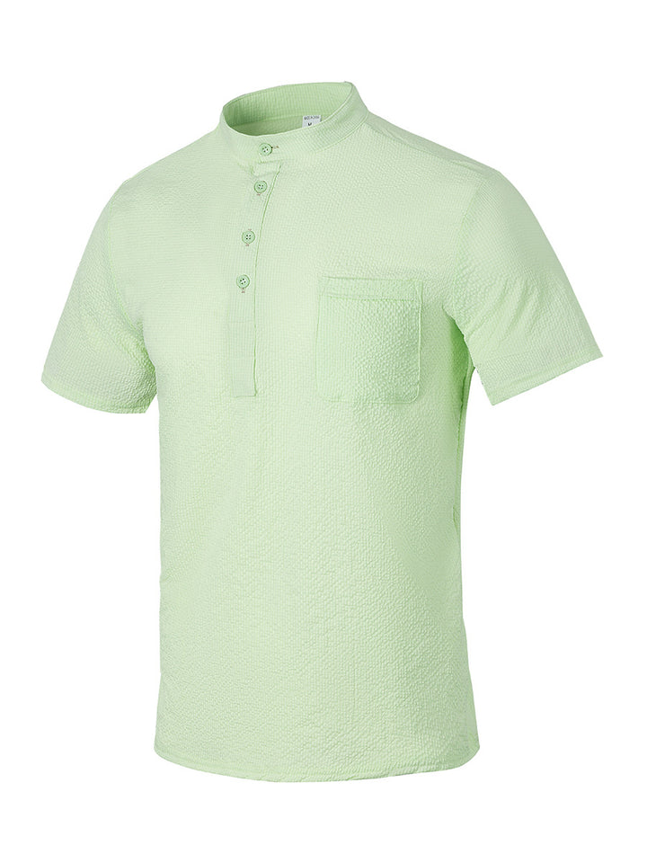 Men's Short Sleeve Shirt with Modern Stand Collar and Subtle Texture Lisslune